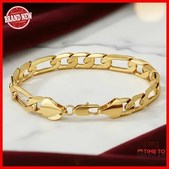 11mm Figaro Chain Bracelet 24k Gold Plated Unisex Sizes 8-10 Inch - Picture 3 of 7